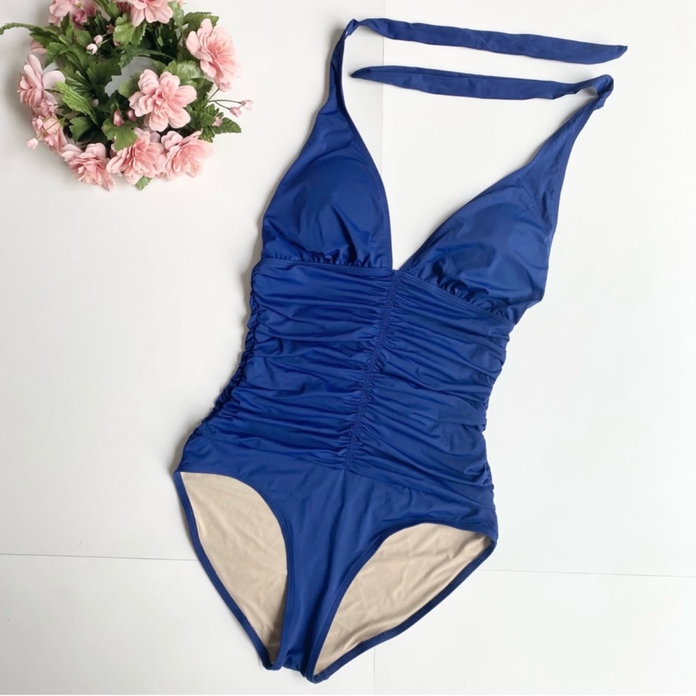 Tart Swim Collection Athena Blue Halter Ruched One Piece Swimsuit